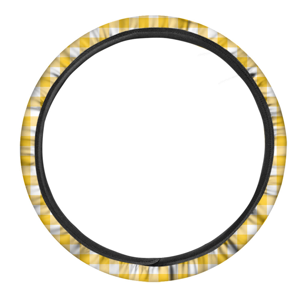 Canary Yellow And White Gingham Print Car Steering Wheel Cover