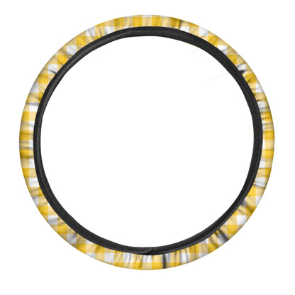 Canary Yellow And White Gingham Print Car Steering Wheel Cover