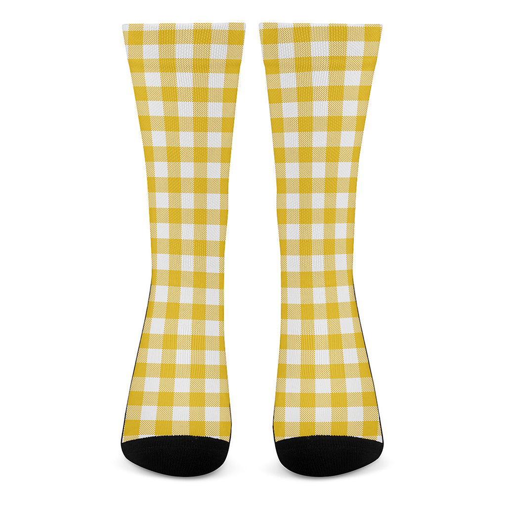 Canary Yellow And White Gingham Print Crew Socks