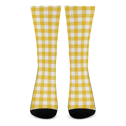 Canary Yellow And White Gingham Print Crew Socks