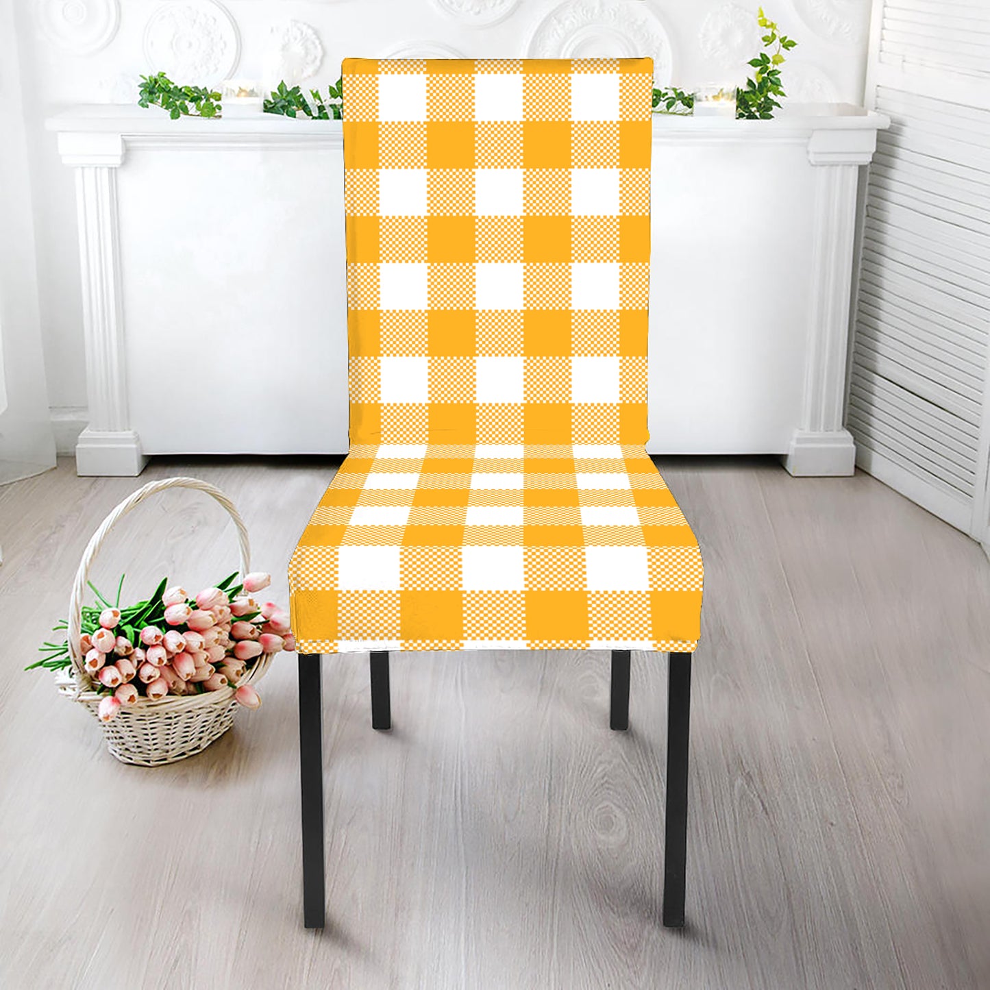 Canary Yellow And White Gingham Print Dining Chair Slipcover