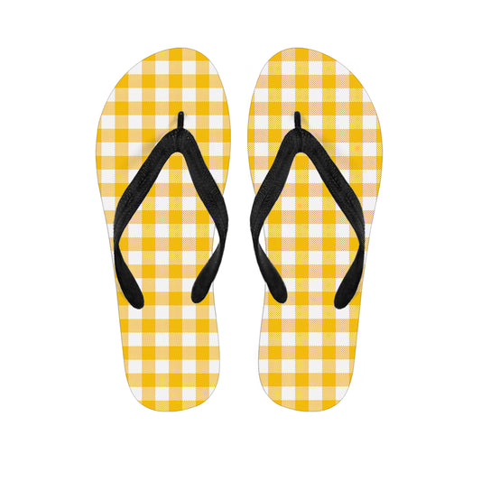 Canary Yellow And White Gingham Print Flip Flops