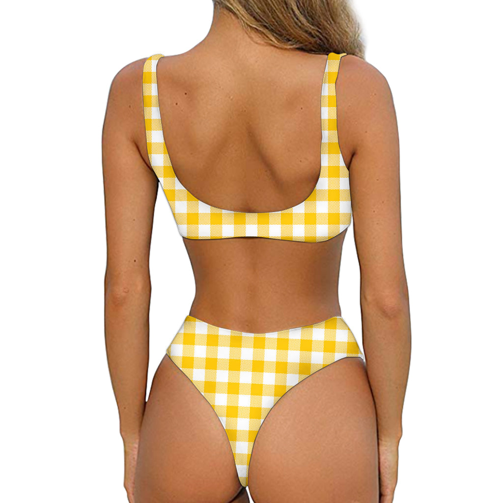Canary Yellow And White Gingham Print Front Bow Tie Bikini