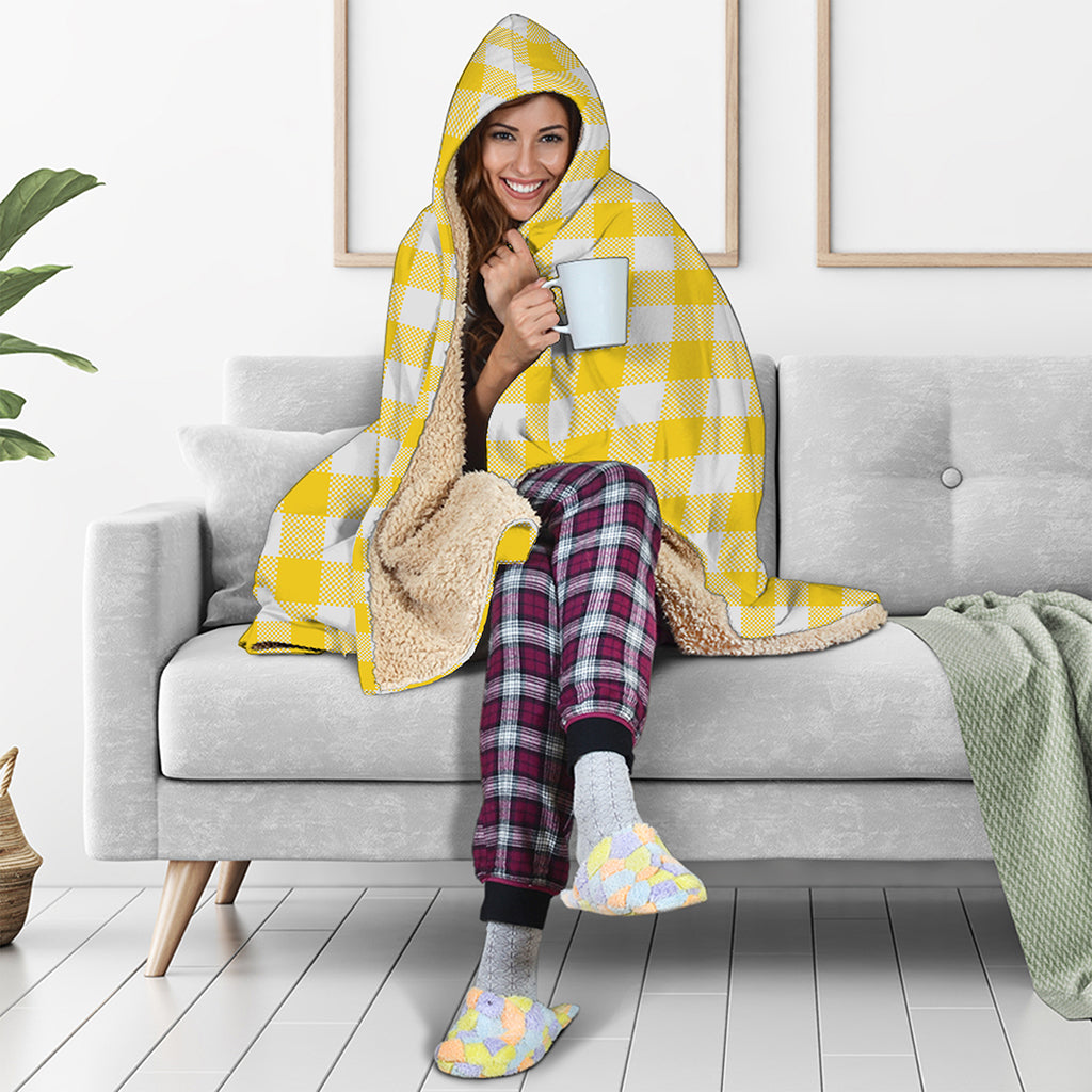 Canary Yellow And White Gingham Print Hooded Blanket