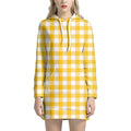Canary Yellow And White Gingham Print Pullover Hoodie Dress