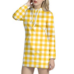 Canary Yellow And White Gingham Print Hoodie Dress