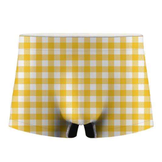 Canary Yellow And White Gingham Print Men's Boxer Briefs