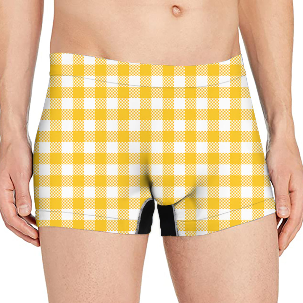 Canary Yellow And White Gingham Print Men's Boxer Briefs