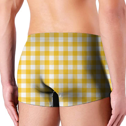 Canary Yellow And White Gingham Print Men's Boxer Briefs