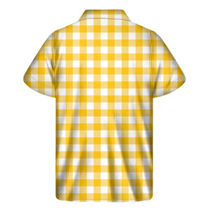 Canary Yellow And White Gingham Print Men's Short Sleeve Shirt