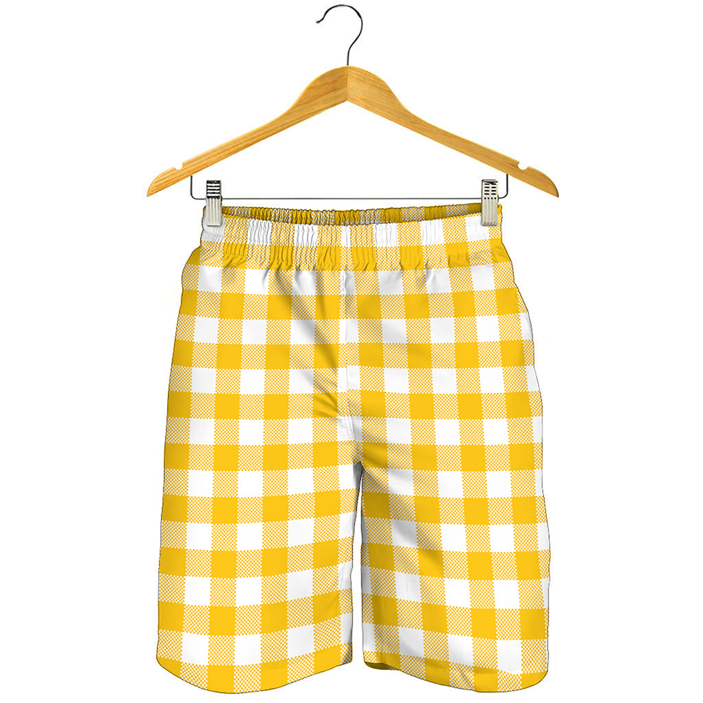 Canary Yellow And White Gingham Print Men's Shorts
