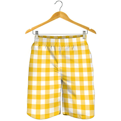 Canary Yellow And White Gingham Print Men's Shorts
