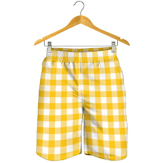 Canary Yellow And White Gingham Print Men's Shorts