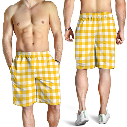 Canary Yellow And White Gingham Print Men's Shorts
