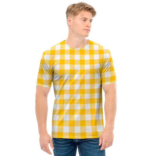 Canary Yellow And White Gingham Print Men's T-Shirt