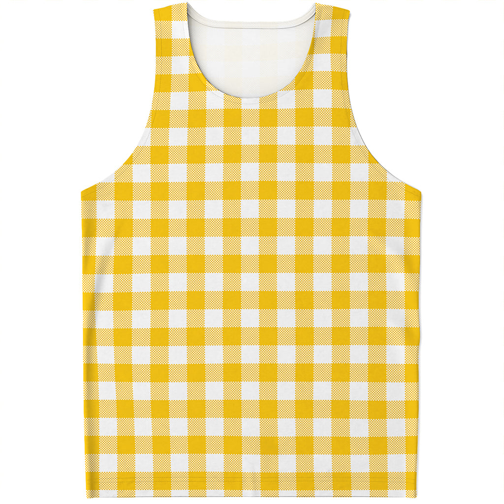 Canary Yellow And White Gingham Print Men's Tank Top