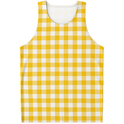 Canary Yellow And White Gingham Print Men's Tank Top