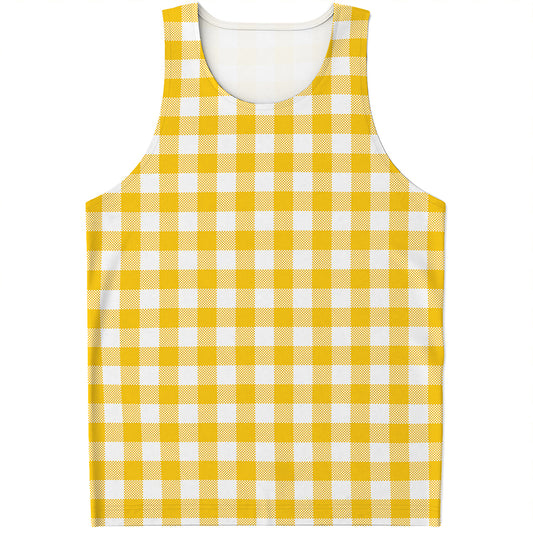 Canary Yellow And White Gingham Print Men's Tank Top