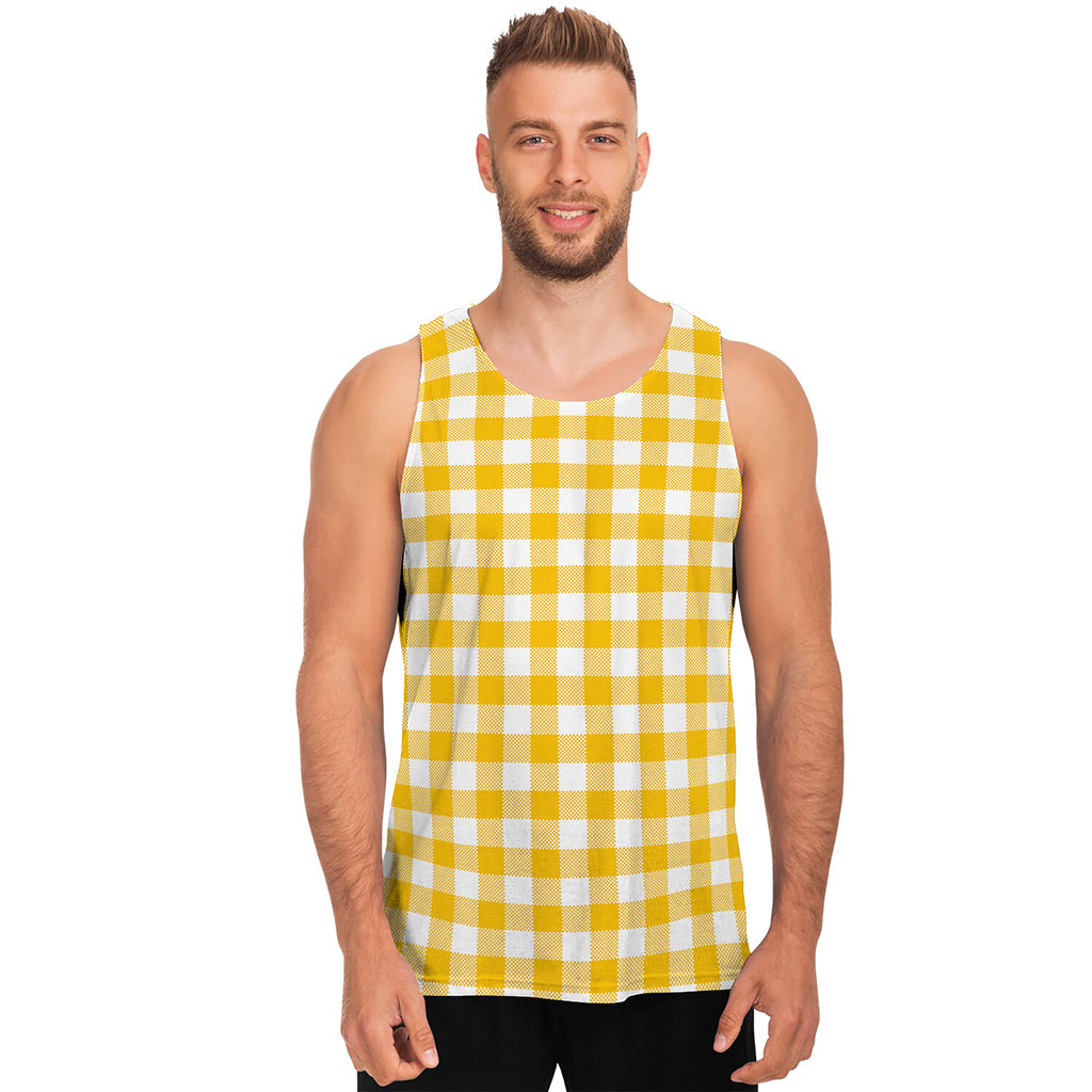 Canary Yellow And White Gingham Print Men's Tank Top