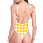 Canary Yellow And White Gingham Print One Piece High Cut Swimsuit
