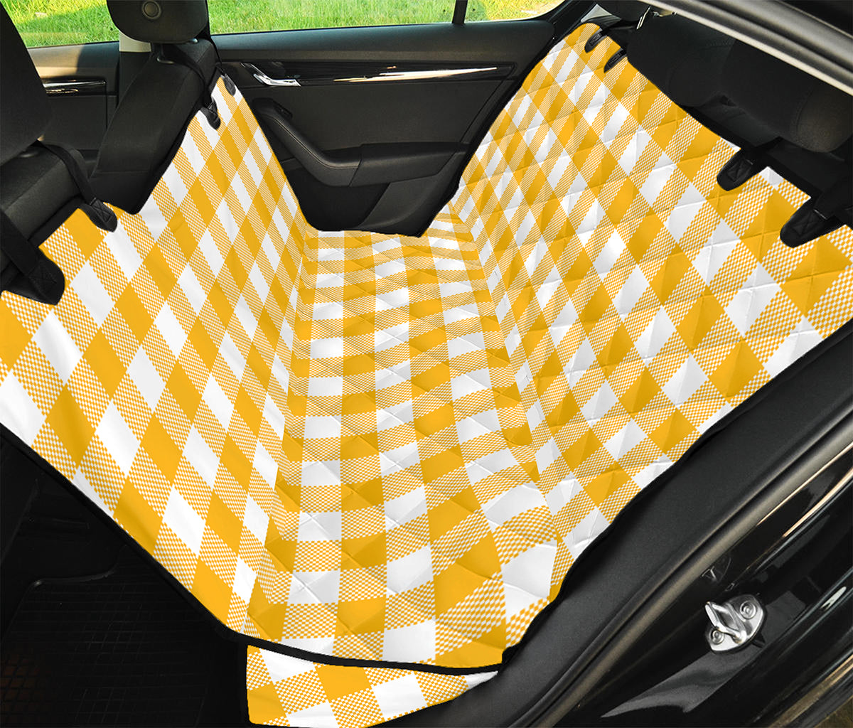 Canary Yellow And White Gingham Print Pet Car Back Seat Cover
