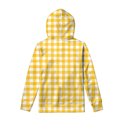 Canary Yellow And White Gingham Print Pullover Hoodie