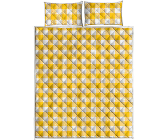 Canary Yellow And White Gingham Print Quilt Bed Set