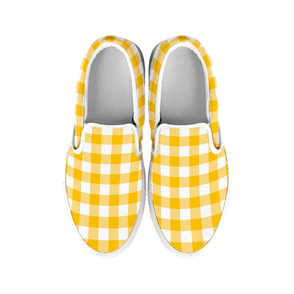 Canary Yellow And White Gingham Print White Slip On Shoes