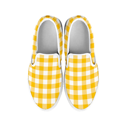 Canary Yellow And White Gingham Print White Slip On Shoes