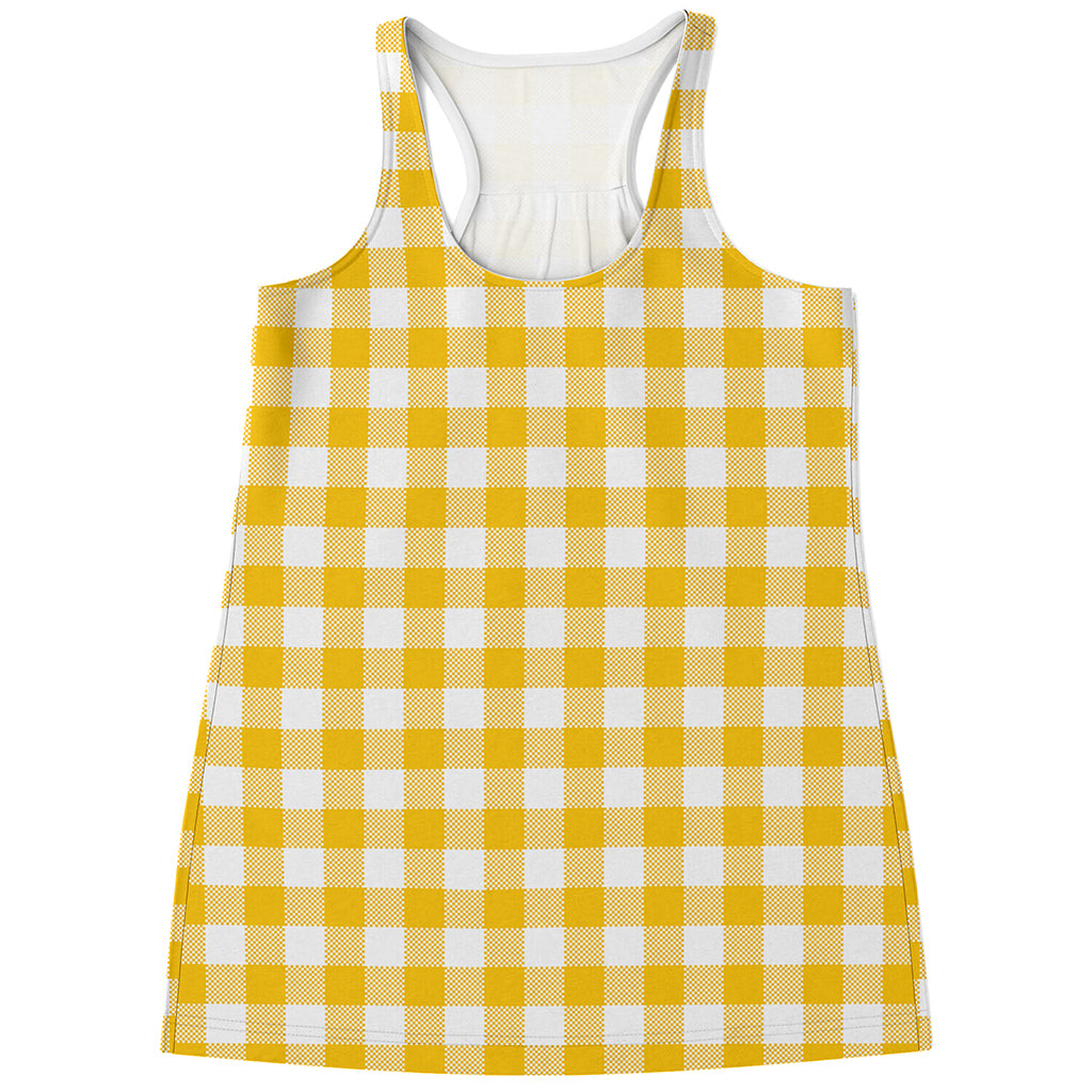 Canary Yellow And White Gingham Print Women's Racerback Tank Top
