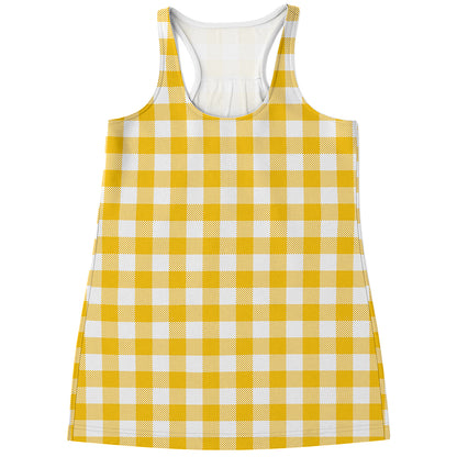 Canary Yellow And White Gingham Print Women's Racerback Tank Top