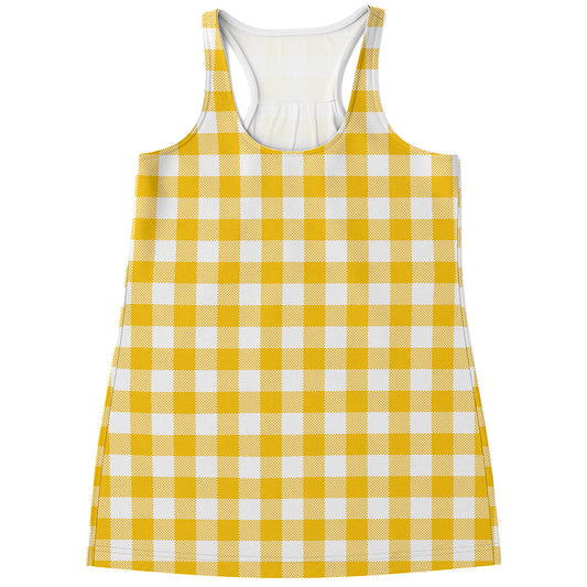 Canary Yellow And White Gingham Print Women's Racerback Tank Top