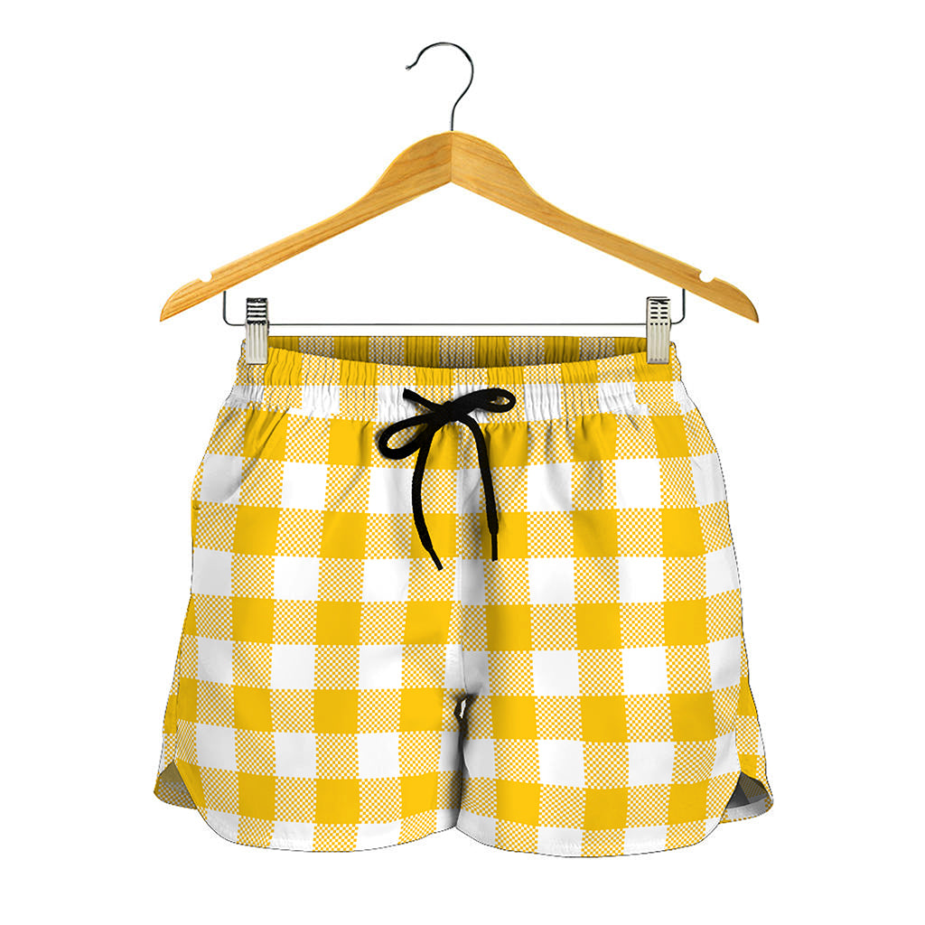 Canary Yellow And White Gingham Print Women's Shorts