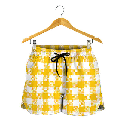 Canary Yellow And White Gingham Print Women's Shorts