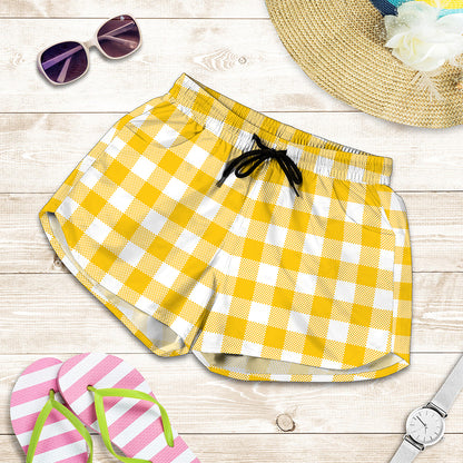 Canary Yellow And White Gingham Print Women's Shorts