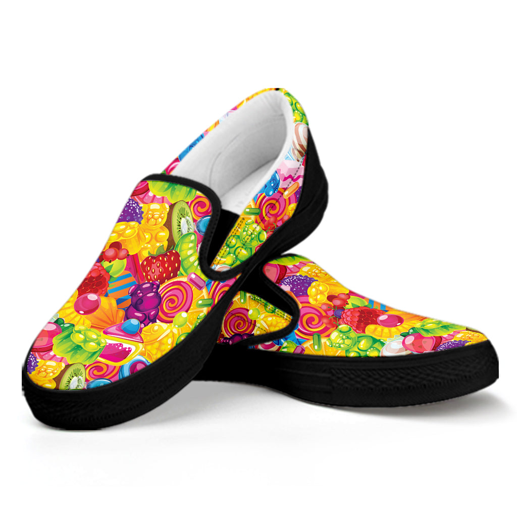 Candy And Jelly Pattern Print Black Slip On Shoes