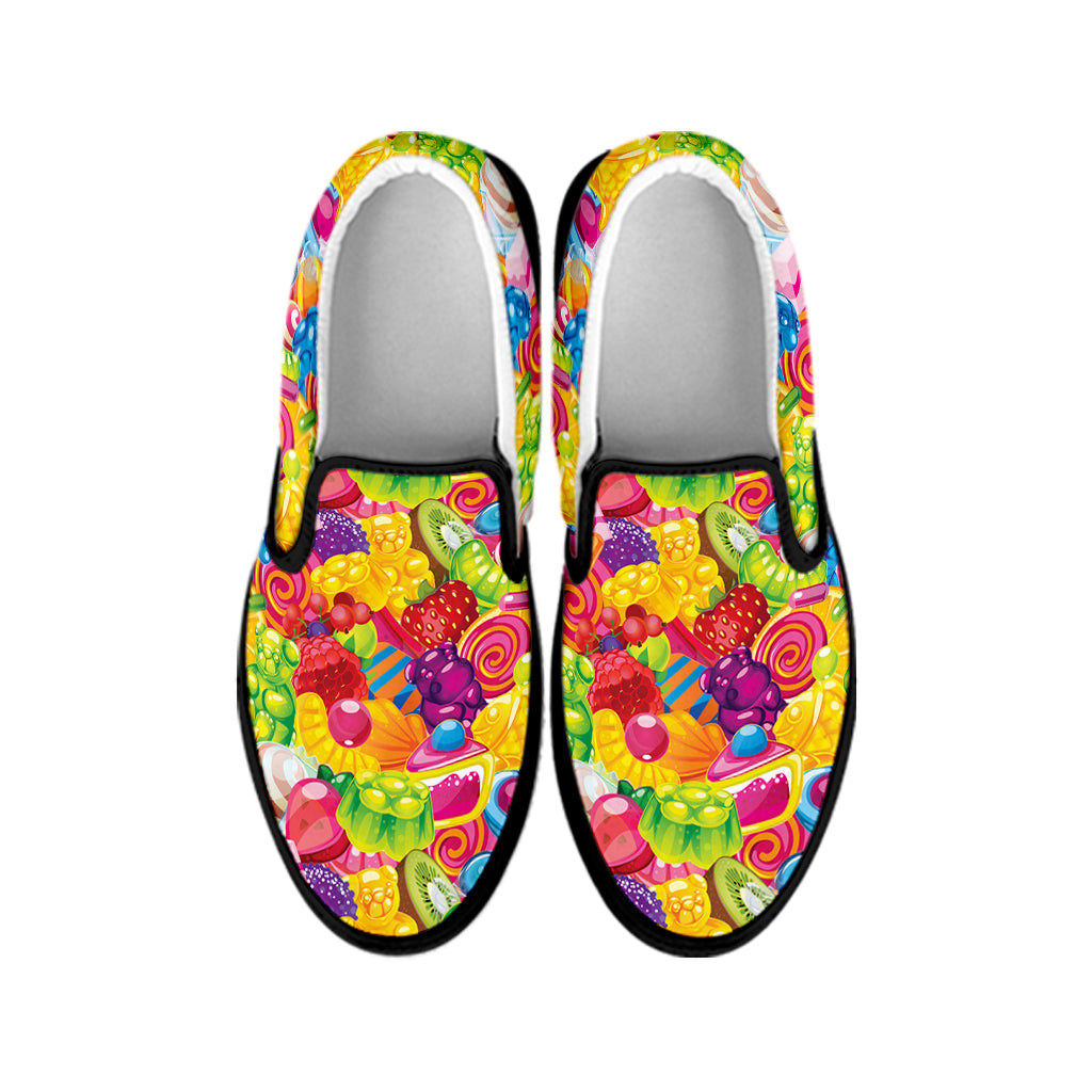 Candy And Jelly Pattern Print Black Slip On Shoes