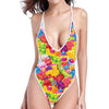 Candy And Jelly Pattern Print One Piece High Cut Swimsuit