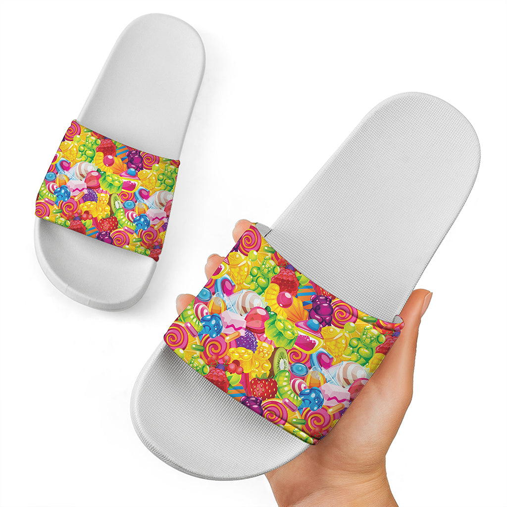 Candy And Jelly Pattern Print White Slide Sandals