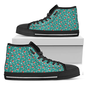Candy And Santa Claus Hat Pattern Print Black High Top Shoes