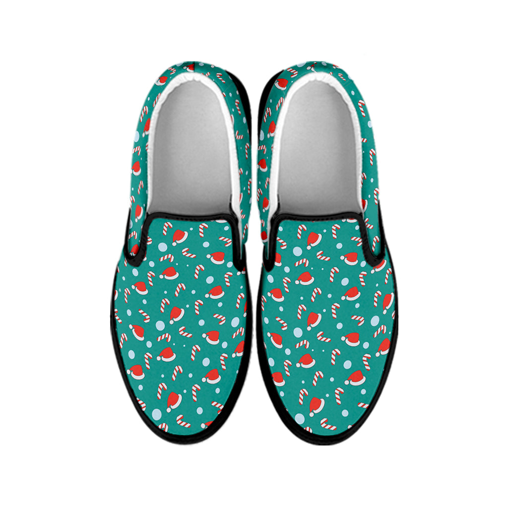 Candy And Santa Claus Hat Pattern Print Black Slip On Shoes
