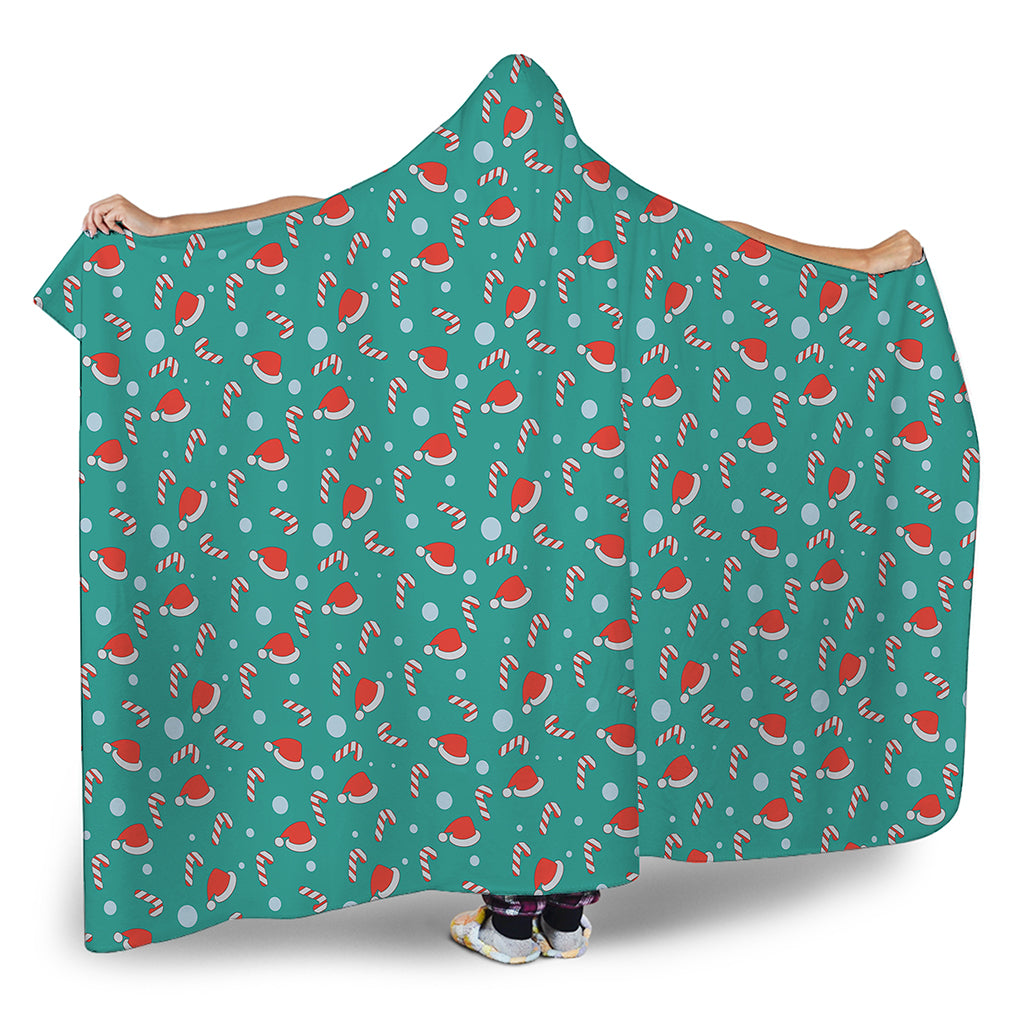 Candy And Santa Claus Hat Pattern Print Hooded Blanket