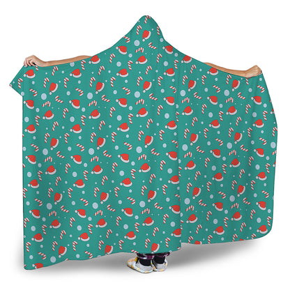 Candy And Santa Claus Hat Pattern Print Hooded Blanket