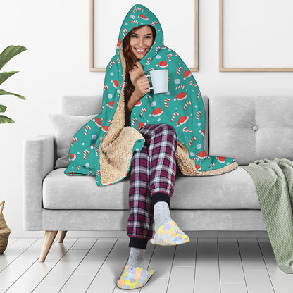Candy And Santa Claus Hat Pattern Print Hooded Blanket