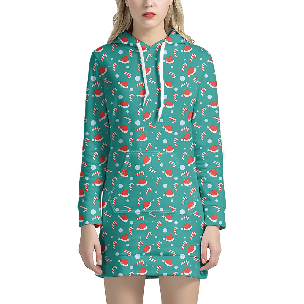 Candy And Santa Claus Hat Pattern Print Hoodie Dress