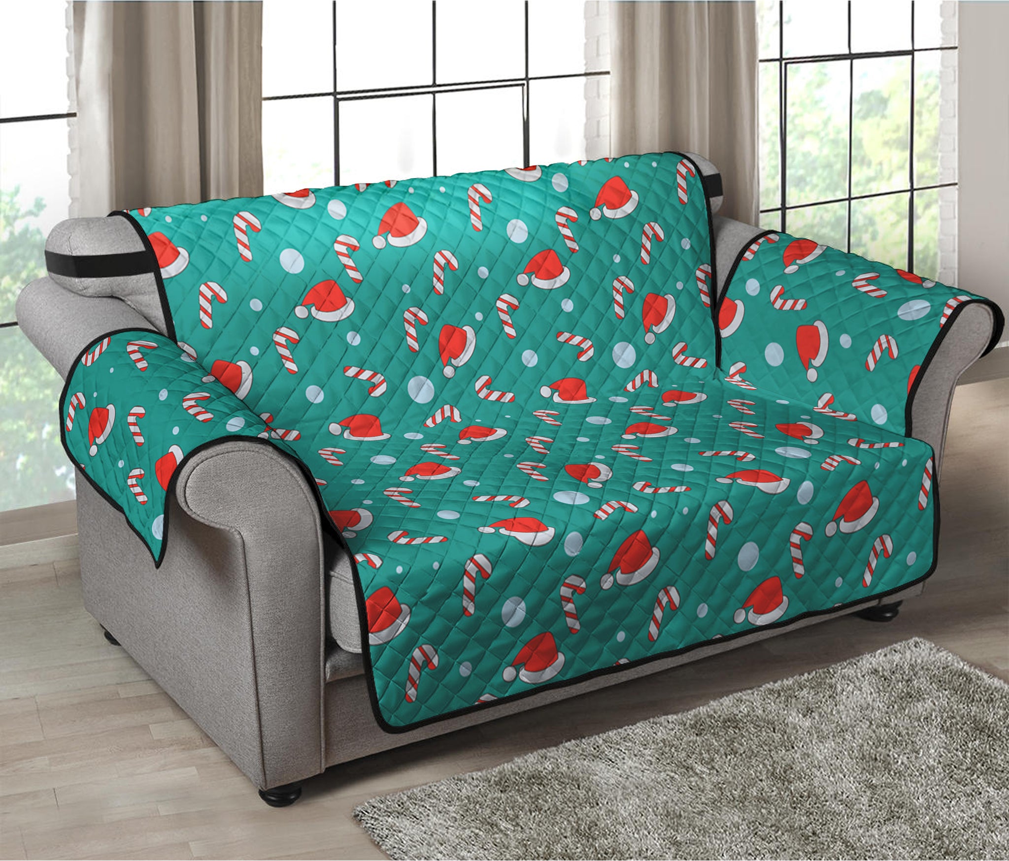 Candy And Santa Claus Hat Pattern Print Loveseat Protector