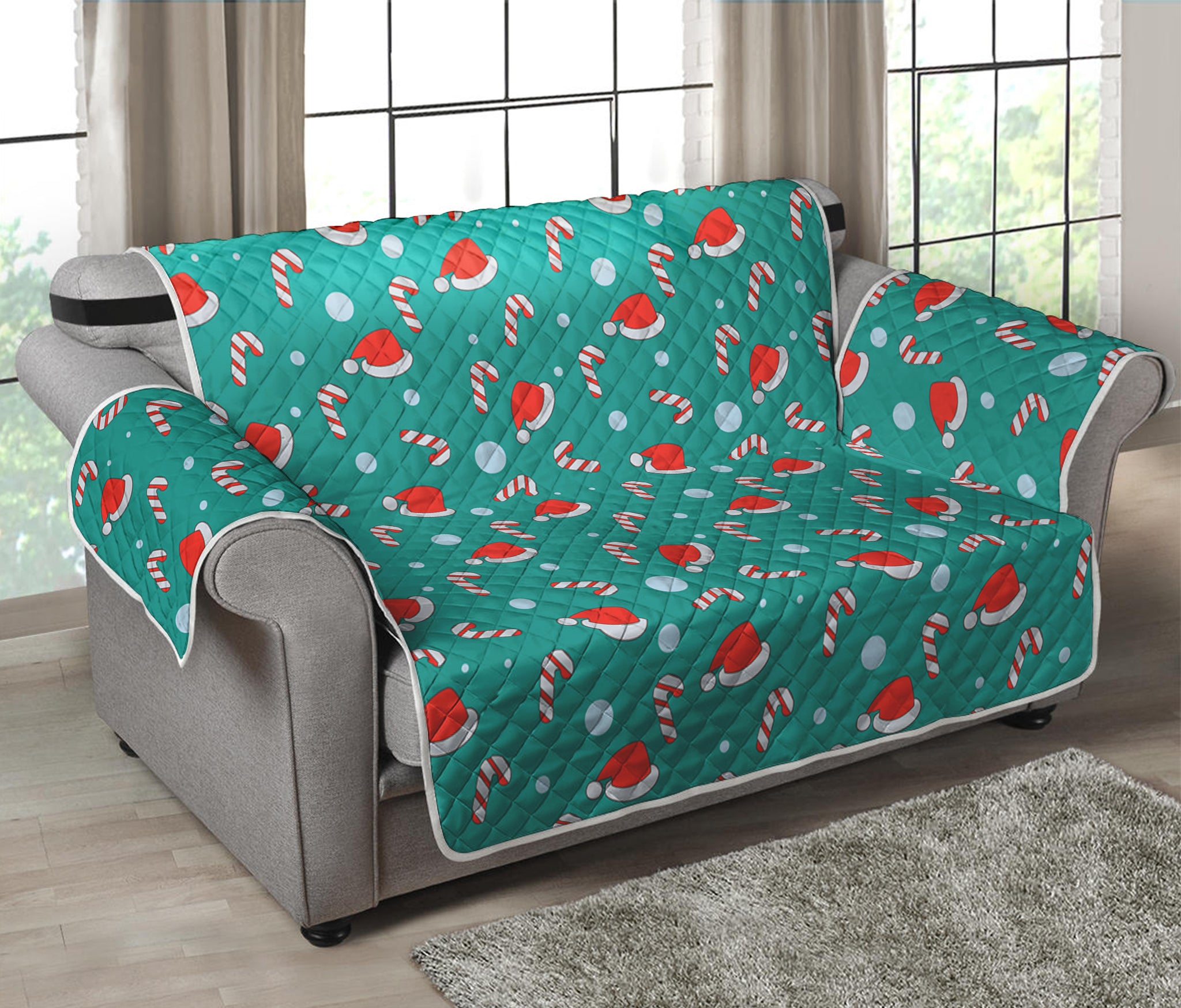 Candy And Santa Claus Hat Pattern Print Loveseat Protector