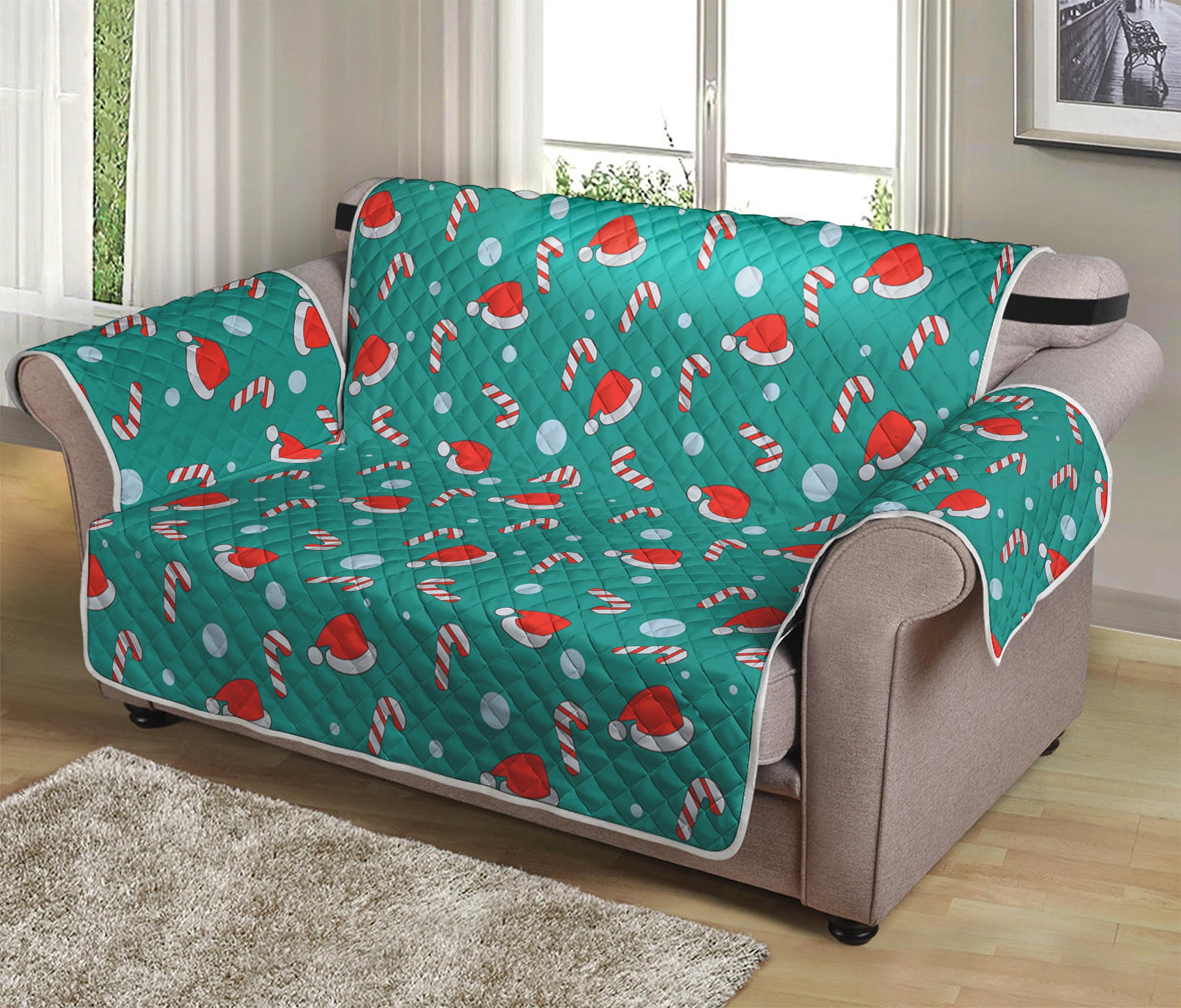 Candy And Santa Claus Hat Pattern Print Loveseat Protector