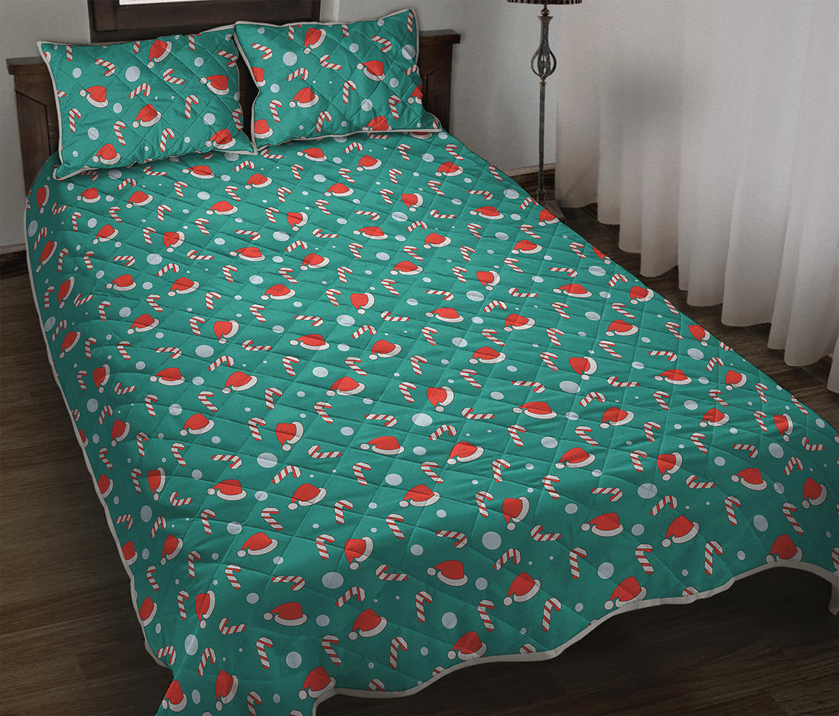 Candy And Santa Claus Hat Pattern Print Quilt Bed Set