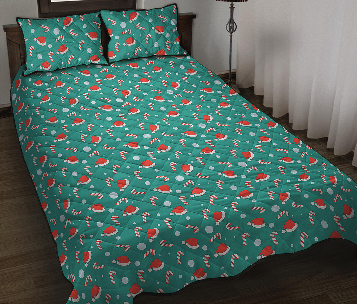 Candy And Santa Claus Hat Pattern Print Quilt Bed Set